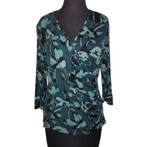 Talbots Petite faux wrap green black floral print surplice 3/4 sleeve top MP